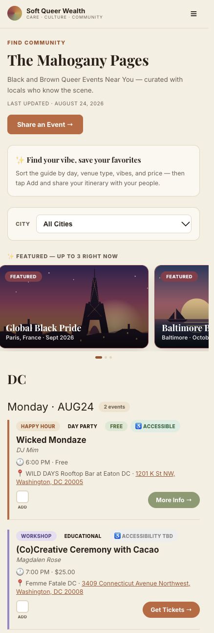 The Mahogany Pages mobile guide listing Black and Brown queer events in DC